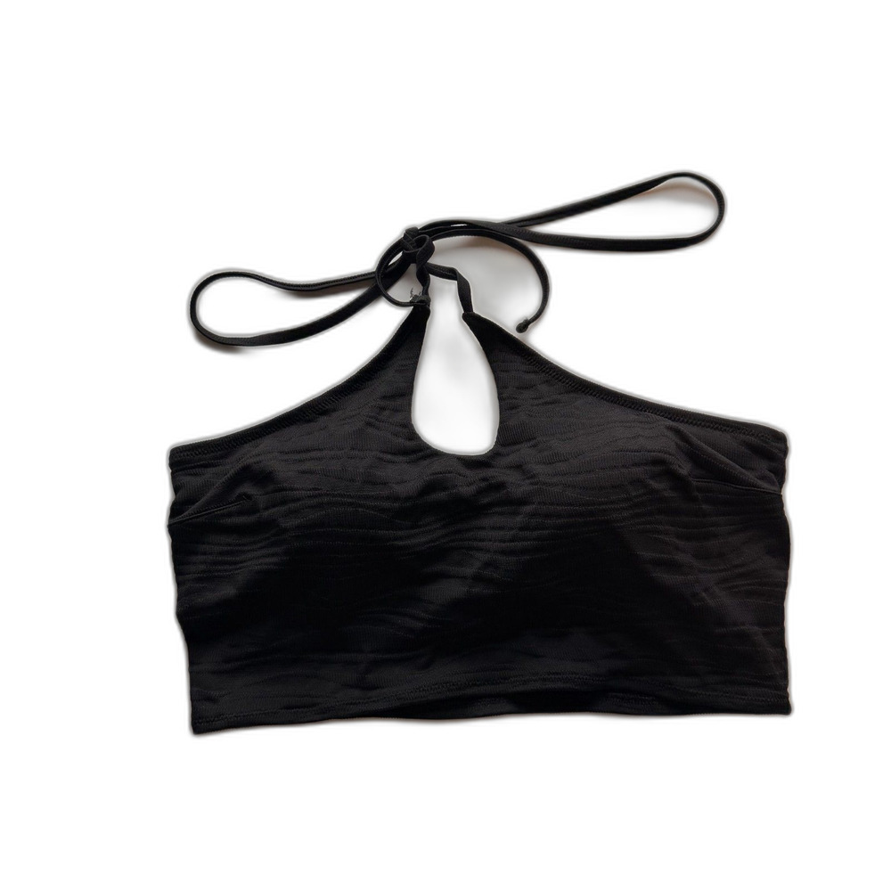 Aerie Black Textured Halter Bandeau Bikini Top Medium Padded Swim Top